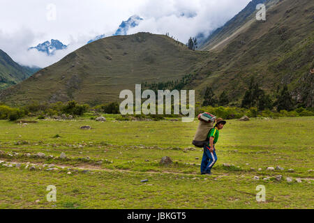 Heiliges Tal, Peru - 1. Januar 2014: Porter einen schweren Rucksack in der Inka-Trail zu tun Machu Pichu, in den Bergen rund um das Heilige Tal Stockfoto