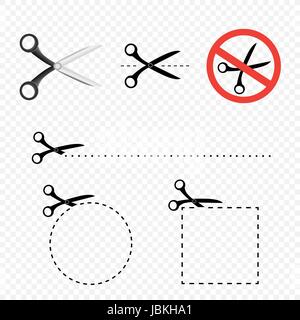 Schere-Icon-Set und Schere schneiden Linie Kreis quadratischer Silhouette auf transparenten Hintergrund Stock Vektor