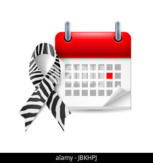 Zebra-Print-Schleife und Kalender mit markierten Tag. Seltene Krankheiten, Ehlers-Danlos-Syndrom symbol Stockfoto