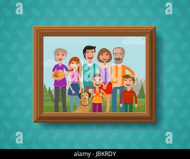 Familienfoto auf Wand in Holzrahmen. Cartoon-Vektor-illustration Stock Vektor