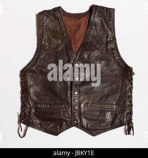 Vintage Biker Mann Leder Weste auf weißem Hintergrund Stockfoto