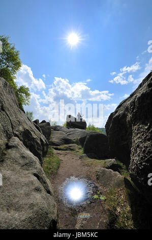 Frau mit Hund in Okertal,Harz,Germany.Praying Rad aus Tibet. Stockfoto