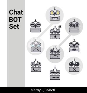 Cartoon Roboter Gesicht Lächeln niedlich Emotion Negative Chat-Bot-Icon-Set Stock Vektor