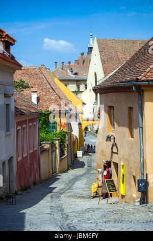 Sighisoara, Rumänien - 23. Juni 2013: Alte Stein gepflasterte Straße mit Touristen aus Sighisoara/Schäßburg Festung, Siebenbürgen, Rumänien Stockfoto