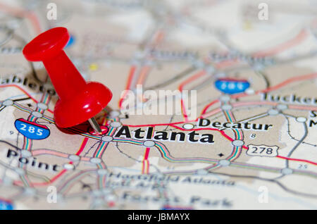Atlanta Georgia Stadt Pin auf der Karte Stockfoto