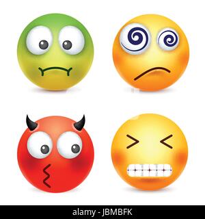 Smiley, Emoticons einstellen Gelbes Gesicht mit Emotionen. Gesichtsausdruck. 3D realistisch Emoji. Lustige Comic-Figur. Stimmung. Web-Symbol. Vektor-Illustration. Stock Vektor