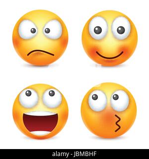 Smiley, Emoticons einstellen Gelbes Gesicht mit Emotionen. Gesichtsausdruck. 3D realistisch Emoji. Lustige Comic-Figur. Stimmung. Web-Symbol. Vektor-Illustration. Stock Vektor