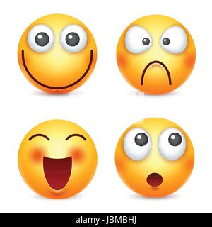 Smiley, Emoticons einstellen Gelbes Gesicht mit Emotionen. Gesichtsausdruck. 3D realistisch Emoji. Lustige Comic-Figur. Stimmung. Web-Symbol. Vektor-Illustration. Stock Vektor