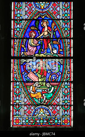 Fenster "Auferstehung" Glasmalerei von Adolph Didron von Paris, 1860, Auferstehung Christi (siehe unten), Mary Magdalene Fehler des auferstandenen Christus Stockfoto