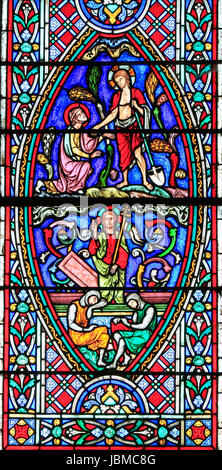 Fenster "Auferstehung" Glasmalerei von Adolph Didron von Paris, 1860, Auferstehung Christi (siehe unten), Mary Magdalene Fehler des auferstandenen Christus Stockfoto