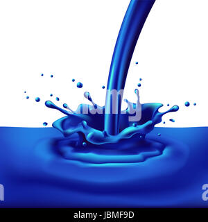 Gießen von blauer Farbe mit Spritzern. Helle Abbildung auf weißem Hintergrund Stockfoto