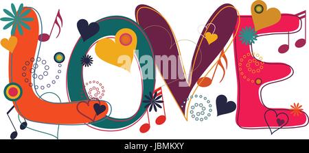 Liebe Text - abstrakter Begriff Collage von Hand gezeichnet, Herzen, Blumen, "Love" Text und Noten Stock Vektor