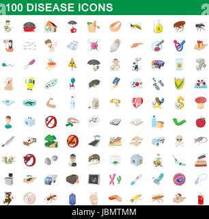 100 Krankheiten Icons set, cartoon-Stil Stock Vektor