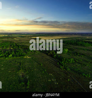 Schöne Aussicht auf die Felder mit Bäumen drauf bei Sonnenuntergang. Luftaufnahme. Von oben. Bild aufgenommen mit dem Hubschrauber. Stockfoto