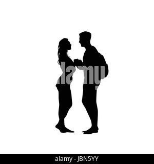 Schwarze Silhouette romantisch zu zweit Hand in Hand sahen einander Isolated Over White Background Liebhaber Mann und Frau Stock Vektor