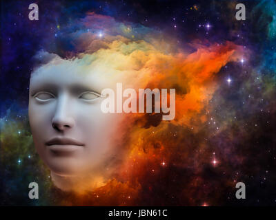 Bunte Mind-Serie. Abstrakte Muster des menschlichen Kopfes und Fraktale Farben zum Thema träumen, denken, Bewusstsein, Geist und Phantasie gemacht Stockfoto