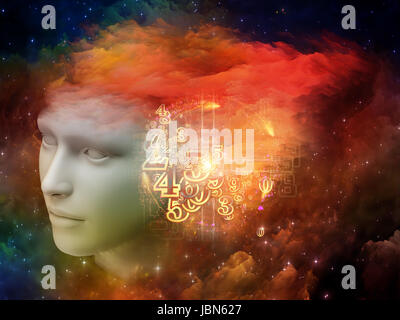 Bunte Mind-Serie. Abstrakte Muster des menschlichen Kopfes und Fraktale Farben zum Thema träumen, denken, Bewusstsein, Geist und Phantasie gemacht Stockfoto