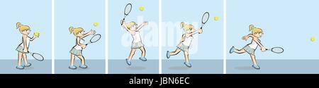 Mädchen Tennis spielen - Satz von 5 Abbildungen. Konzeptionelle Darstellung über weibliche tennis Stock Vektor