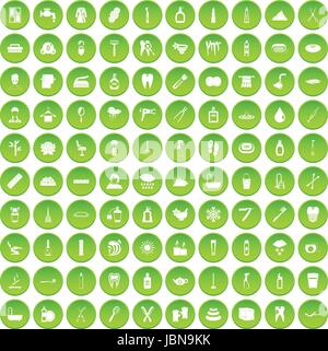 100 Hygiene Icons set grünen Kreis isoliert auf weißem Hintergrund-Vektor-illustration Stock Vektor