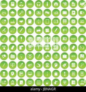 100 Office-Arbeit-Symbole festlegen grünen Kreis isoliert auf weißem Hintergrund-Vektor-illustration Stock Vektor