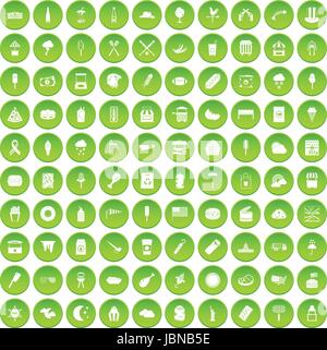100 Streetfood Icons set grünen Kreis isoliert auf weißem Hintergrund-Vektor-illustration Stock Vektor