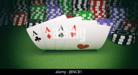 Poker chips Stapel und vier Asse auf grünen Filz Hintergrund. 3D illustration Stockfoto