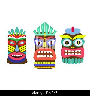 Tiki-Maske-Cartoon-Vektor-Set. Hawaiian bar Dekorationen isoliert auf weiss. Stock Vektor