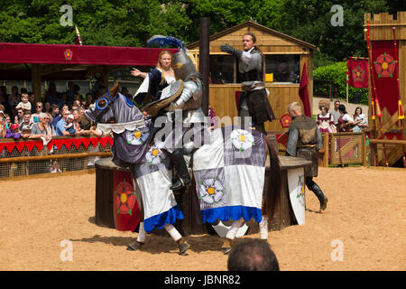 Der Rosenkrieg Ritterturniere Nachstellung der Schlacht trat vor einem Publikum von Touristen im Warwick Castle in Warwickshire. VEREINIGTES KÖNIGREICH. (88) Stockfoto