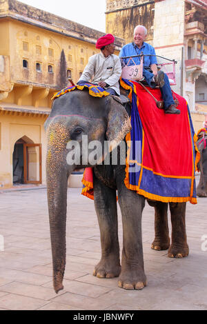 Elefant mit Touristen zu Fuß in Jaleb Chowk (Ehrenhof) in Amber Fort, Rajasthan, Indien eingerichtet. Elefantenreiten sind beliebte Touristenattraktion Stockfoto