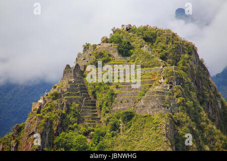 Terrassen und Gebäude auf Huayna Picchu Berg auf Zitadelle Machu Picchu, Peru. Im Jahr 2007 wurde Machu Picchu gewählt, eines der neuen sieben Weltwunder der Wor Stockfoto