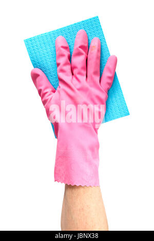 Hand mit blau Mikrofasertuch auf weißem Hintergrund Stockfoto
