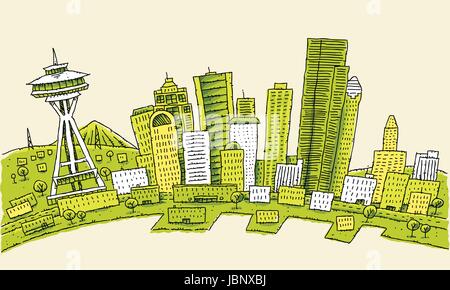 Cartoon-Skyline der Stadt von Seattle, Washington, USA. Stock Vektor
