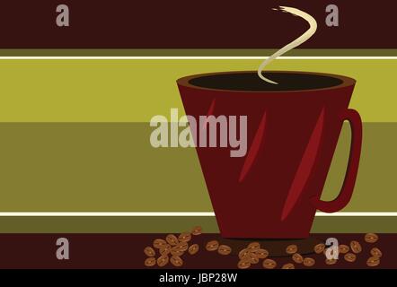 Rot Tasse Kaffee und Kaffeebohnen auf Grün BKGD-rot Tasse Kaffee und Kaffeebohnen auf rot und grün gestreiften Hintergrund Stock Vektor