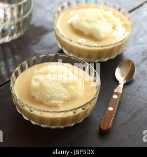 Schwimmende Insel, genannt Europäische Dessert französischer Herkunft Oeufs à la Neige in Französisch, im ungarischen Madartej (Vogels Milch). Vanille Pudding ist aus Eigelb, Milch, Zucker und Vanille, das weiße Baiser obendrauf setzt sich aus gekochten geschlagene Eiweiß. (Selektiven Fokus, Fokus, ein Drittel in den Eiweiß-Schaum) Stockfoto