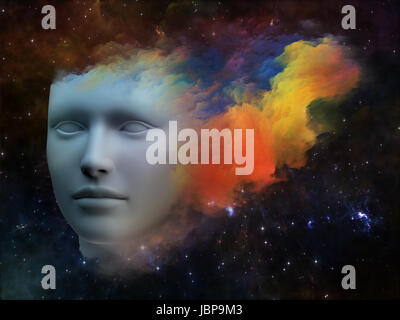 Bunte Mind-Serie. Abstrakte Muster des menschlichen Kopfes und Fraktale Farben zum Thema träumen, denken, Bewusstsein, Geist und Phantasie gemacht Stockfoto