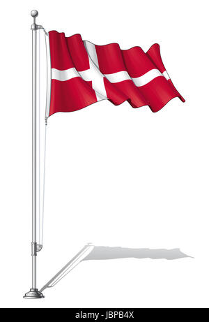 Vektor-Illustration eine wehende dänische Flagge auf einem Fahnenmast befestigen. Fahne und Mast in separate Schichten, Strichzeichnungen, Schattierung und Farbe fein säuberlich in Gruppen für die einfache Bearbeitung. Stockfoto