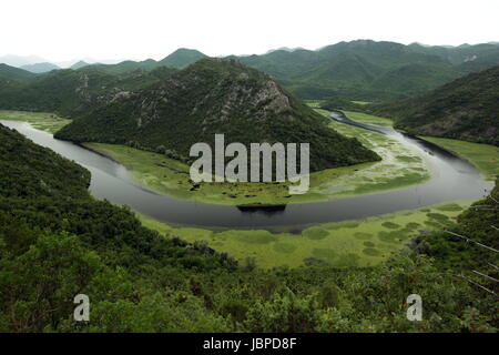 Die Landschaft Bei Rijeka Crnojevica Mit Dem Fluss Rijeka Crnojevica bin Westlichen Ende des Skadarsko Jezero sehen Oder Skadarsee in Zentral Montenegro in Montenegro Im Balkan bin Mittelmeer in Europa. Stockfoto