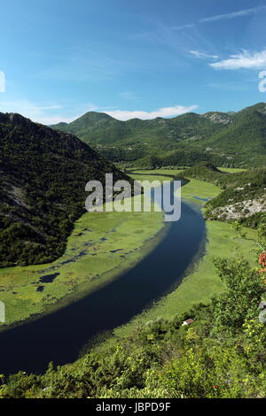 Die Landschaft Bei Rijeka Crnojevica Mit Dem Fluss Rijeka Crnojevica bin Westlichen Ende des Skadarsko Jezero sehen Oder Skadarsee in Zentral Montenegro in Montenegro Im Balkan bin Mittelmeer in Europa. Stockfoto