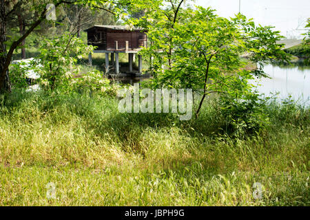 Fischerhütten auf der Pialassa della Baiona brackige Lagune in der Nähe von Marina Romea entlang der adriatischen Küste in Ravenna (Italien) Stockfoto