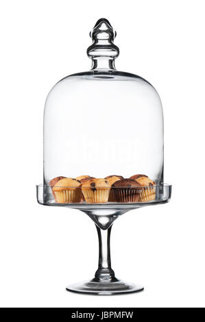 Glas Etagere mit unterschiedlichsten Maffins auf weißem Hintergrund Stockfoto