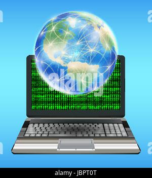 Erdkugel mit Netzlinie schwimmend auf laptop Stock Vektor