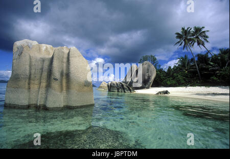 Ein Traumstrand Auf der Insel La Digue Auf Den Seychellen Im Indischen Ozean. Stockfoto