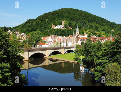 Gemünden am Main, Blick Auf Die Altstadt Mit Fränkischer Saale Und Scherenburg, Deutschland, Bayern Stockfoto