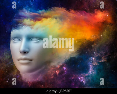 Bunte Mind-Serie. Abstrakte Muster des menschlichen Kopfes und Fraktale Farben zum Thema träumen, denken, Bewusstsein, Geist und Phantasie gemacht Stockfoto