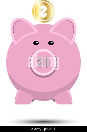 Schwein und Goldmünzen isoliert auf weißem Hintergrund. Sparschwein mit fallenden Münzen im flat Design. Dollar Goldmünze - Vektor-Illustration. Stock Vektor