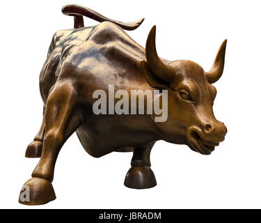 Aufladung der Wall Street Bull oder Bowling Green Bull Bull ist eine Bronzeskulptur von Arturo Di Modica, das sich in Bowling Green Park nahe der Wall Street in Manhattan, New York City. Stockfoto