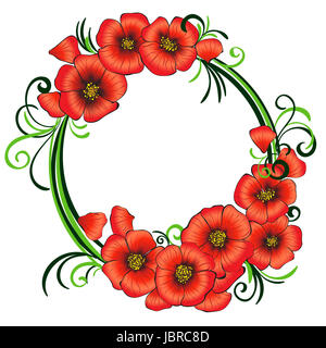 Mit roten Mohnblumen und grüne wirbelt, isolierte Vektor-Illustration, Clipart Blumenrahmen Stockfoto