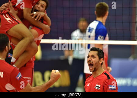 Ceske Budejovice, Tschechische Republik. 9. Juni 2017. Ägyptische HOSSAM ABDALLA reagiert während des Spiels FIVB World League Tschechische Republik gegen Ägypten in Ceske Budejovice, Tschechische Republik, 9. Juni 2017. Bildnachweis: Vaclav Pancer/CTK Foto/Alamy Live-Nachrichten Stockfoto