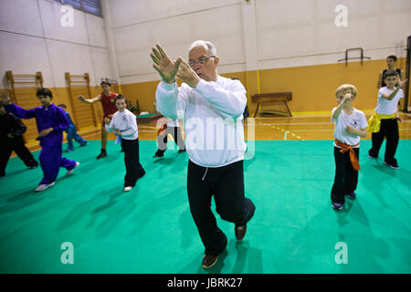 (170612)--LAVAGNA, 12. Juni 2017 (Xinhua)--Luca Ghinolfi (C) Praktiken Taiji mit seinen Schülern am "Zentrum für das Studium der orientalischen Kulturen" Gymnasium in Lavagna, Italien, 8. Mai 2017.  Ghinolfi, ein pensionierter Bankdirektor im Alter von 75 Jahren nun schon immer leidenschaftlich Sport.  Nachdem ich eine Präsentation der chinesischen Kampfkünste in Genua und treffen Yang Li, Gastwissenschaftler aus Beijing Sports University im Jahr 1984, er war fasziniert von chinesische kriegerische Künste und hatte es seit Jahrzehnten praktizieren gehalten.  Nach Ghinolfi er in der Regel früh um 05:30 in der früh aufsteht, dann beginnt seine Stockfoto