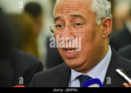 Buenos Aires, Argentinien. 12 Juni 2017. Premierminister von Portugal Antonio Costa nach einer Konferenz auf dem argentinischen Rat für internationale Beziehungen oder CARI in Buenos Aires, Argentinien. Stockfoto